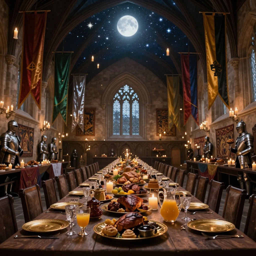 A grand banquet hall with floating candles, long feast table, and house banners