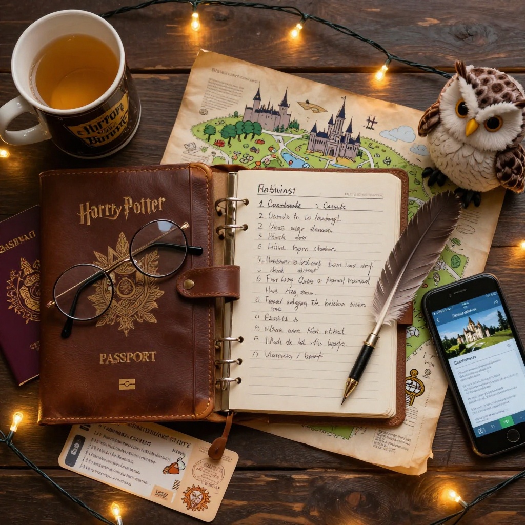 Travel planning flat lay with journal, park map, tickets, and Harry Potter souvenirs