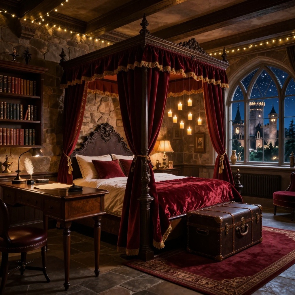 Luxurious Harry Potter themed hotel suite with four-poster bed and floating candles