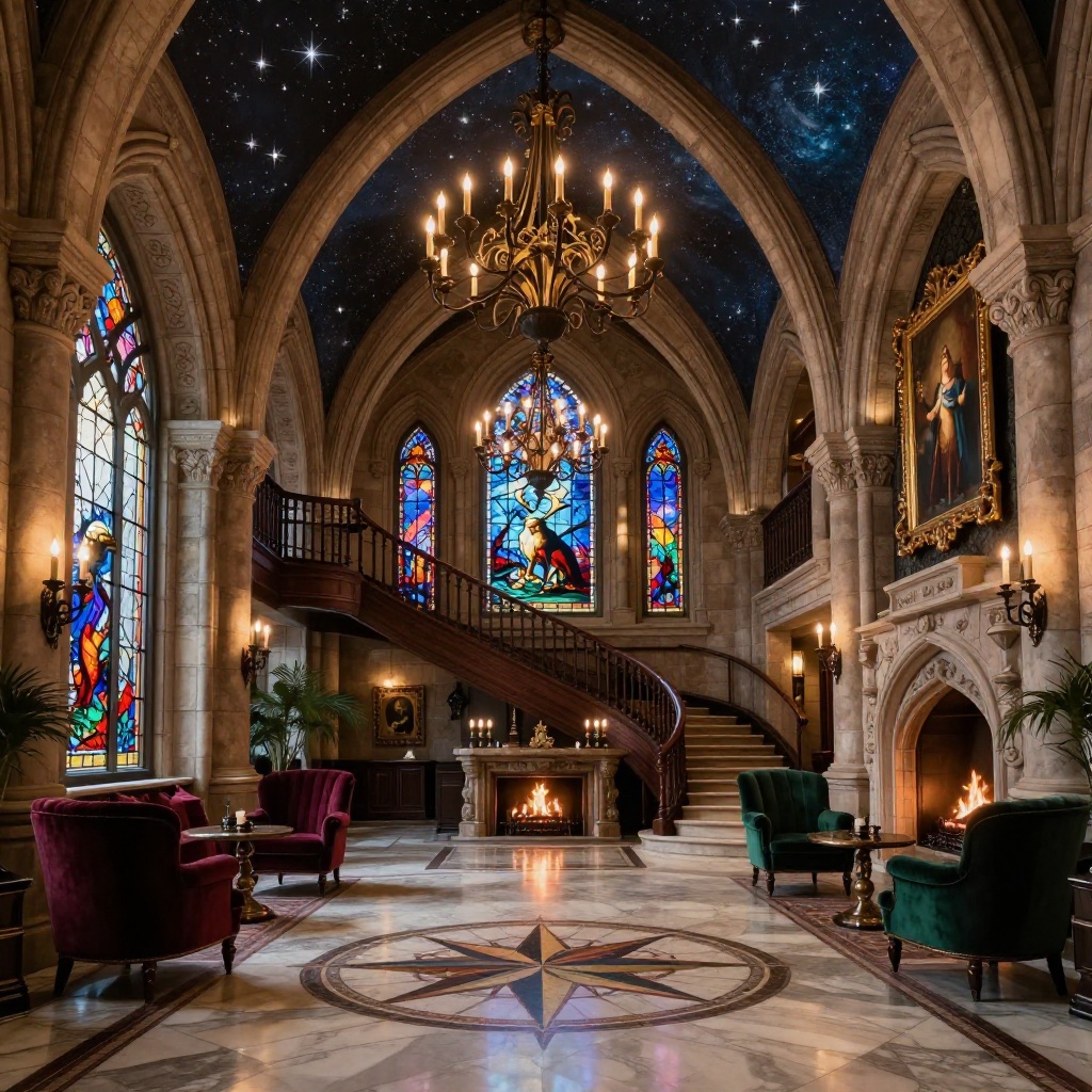 Grand magical hotel lobby with chandeliers, stone archways, and enchanted portraits